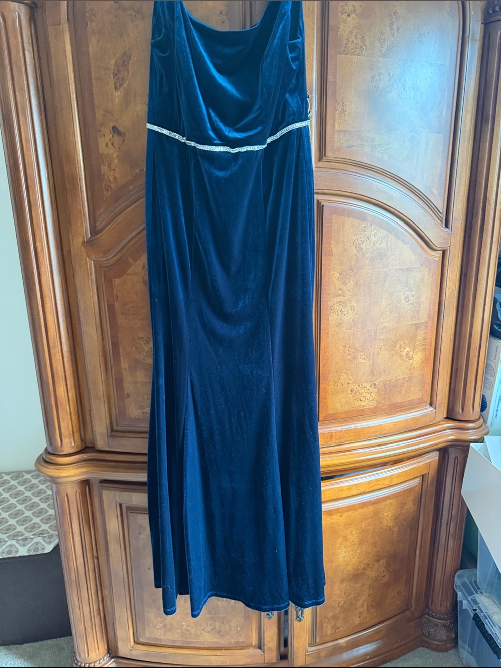 R & M Richards Navy Blue Velvet Maxi Dress with Silver Waist Trim